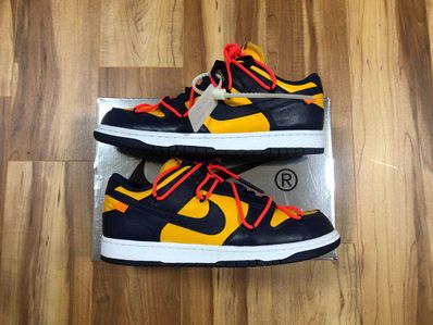 Off-White × Nike Dunk Low LTHR "University Gold/Midnight Navy/White"