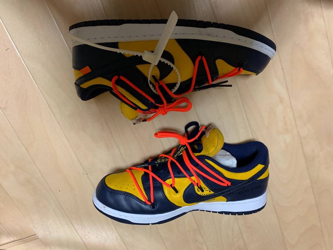 Off-White × Nike Dunk Low LTHR "University Gold/Midnight Navy/White"
