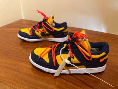 Off-White × Nike Dunk Low LTHR "University Gold/Midnight Navy/White"