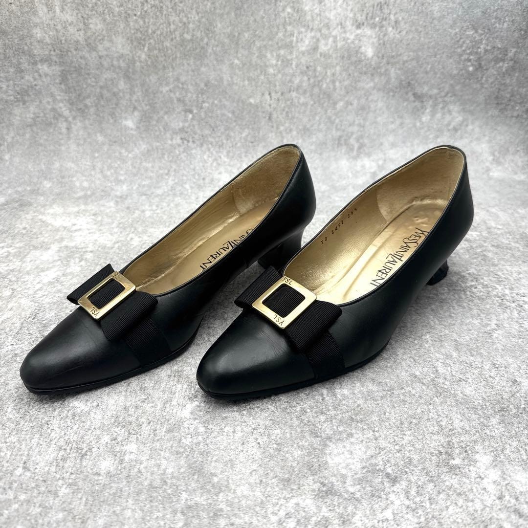 美品　イヴ　サンローラン ミドルヒールパンプス 36　 黒 リボン×バックル　ゴールド金具　Yves Saint Laurent　23.5 24