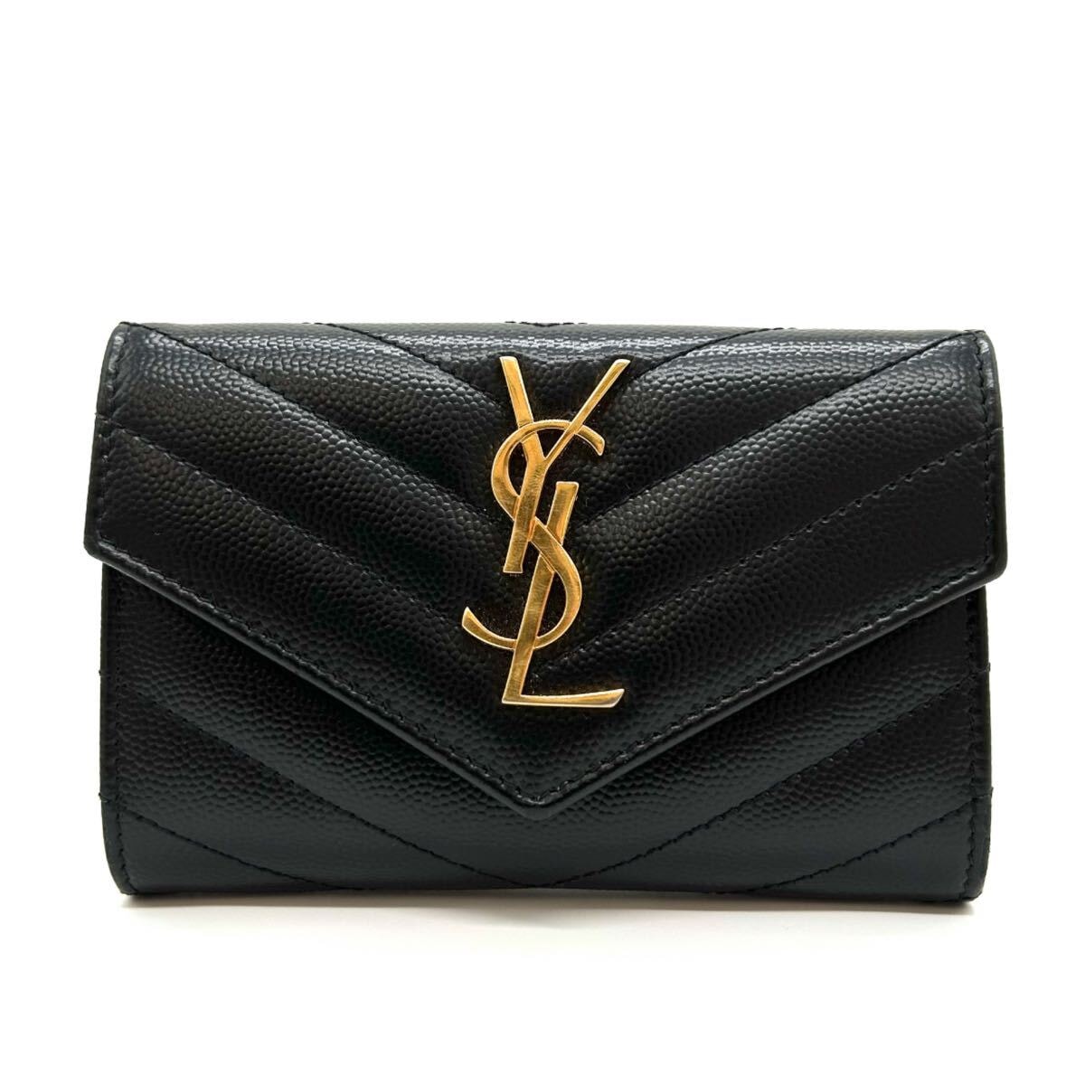 SAINT　LAURENT　サンローラン　YSL　カードケース　レザー　カサンドラ　フラップウォレット　ブラック　414404　レディース 