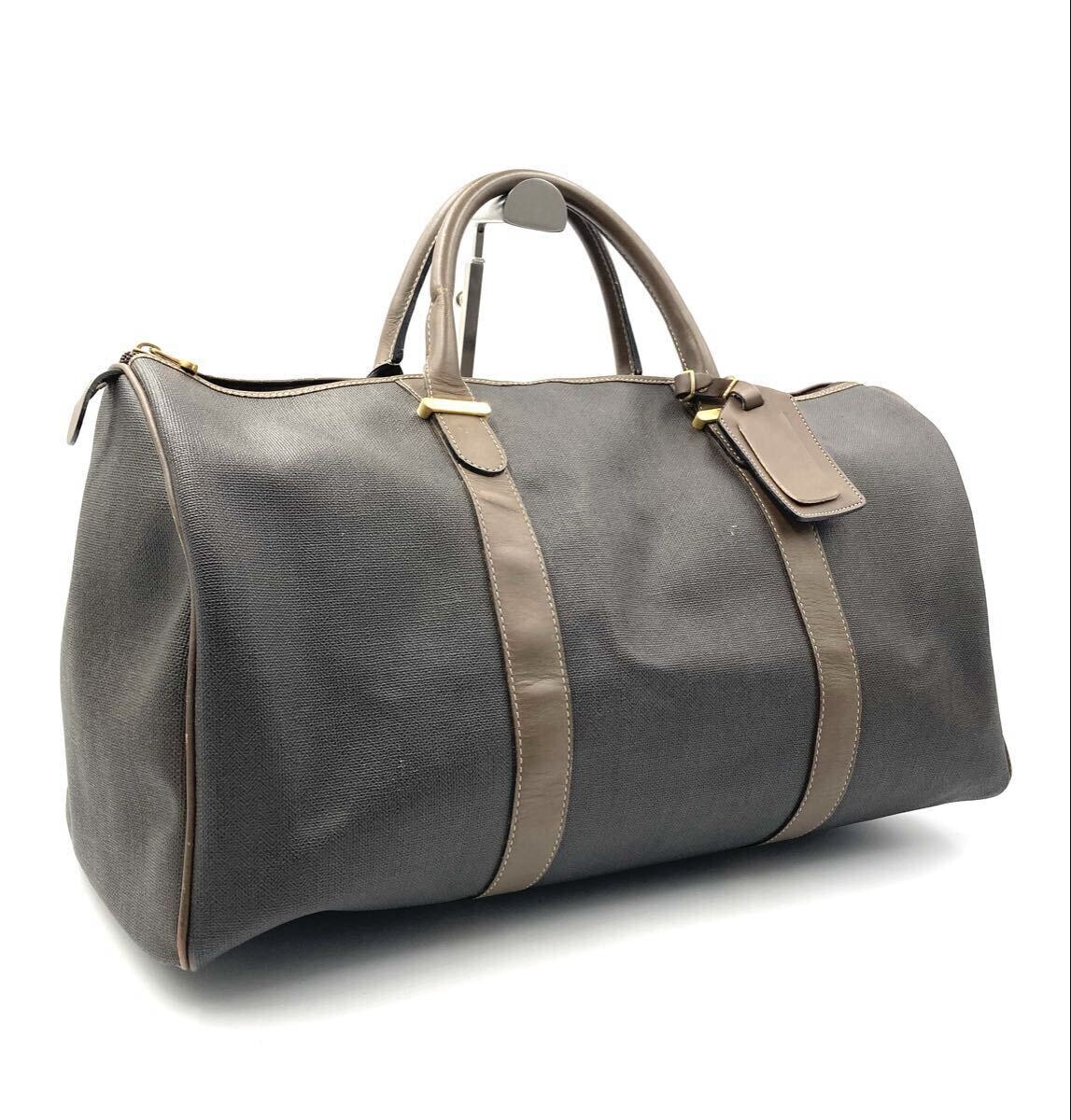 ■美品■dunhill ダンヒル　ボストンバッグ　旅行カバン　PVC×レザー ブラウン系　ゴールド金具　内側ロゴ総柄　ビジネス　メンズ　出張