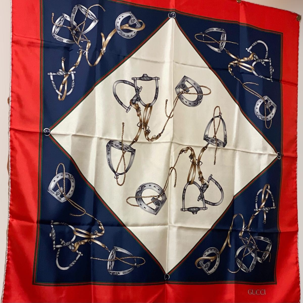GUCCI 大判シルクスカーフ シェリーライン ホースビット 馬蹄 馬具 オールドグッチ