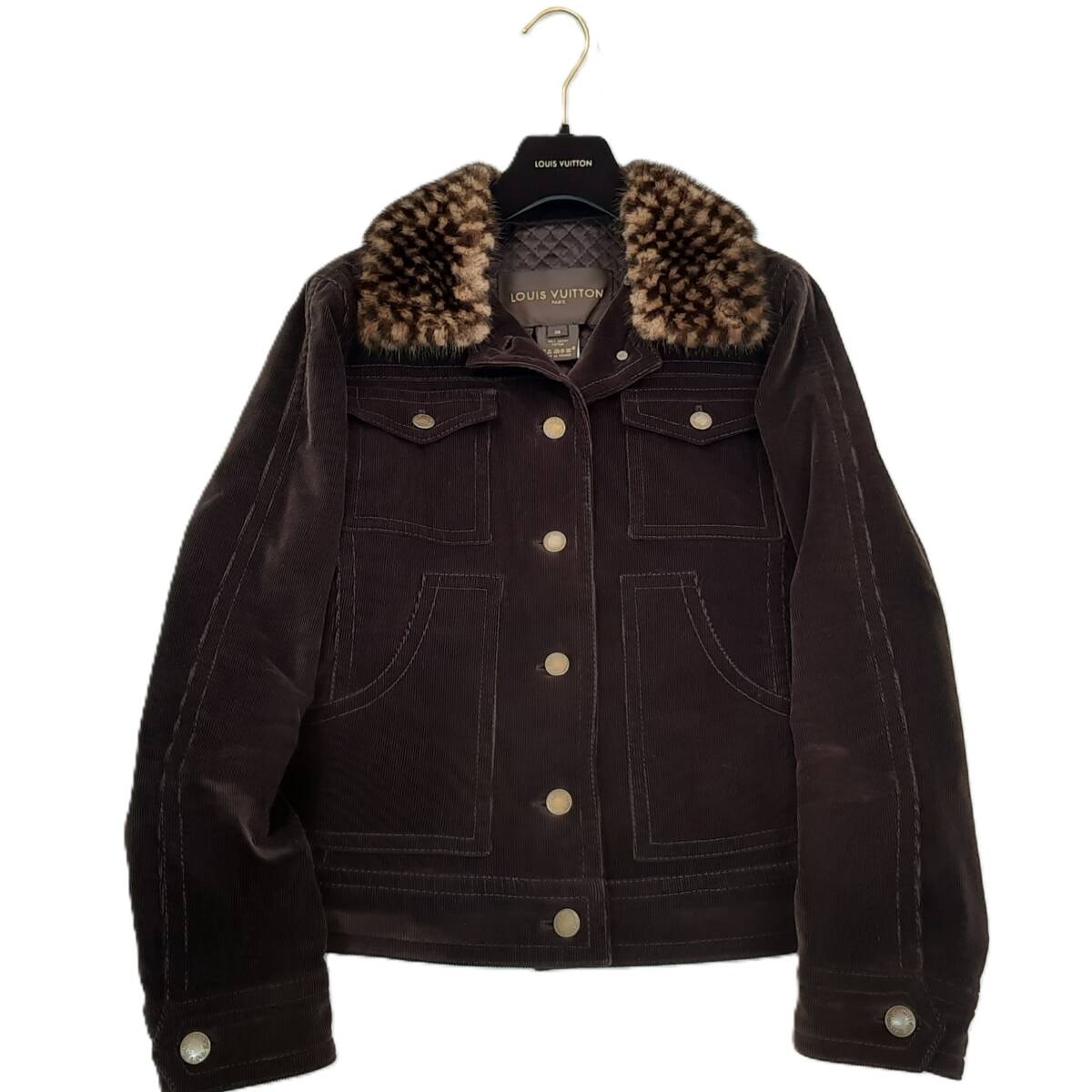 ルイヴィトン LOUIS VUITTON コーデュロイ ジャケット ダミエ ミンクファー 36 ブラウン 茶 アウター 上着 レディース