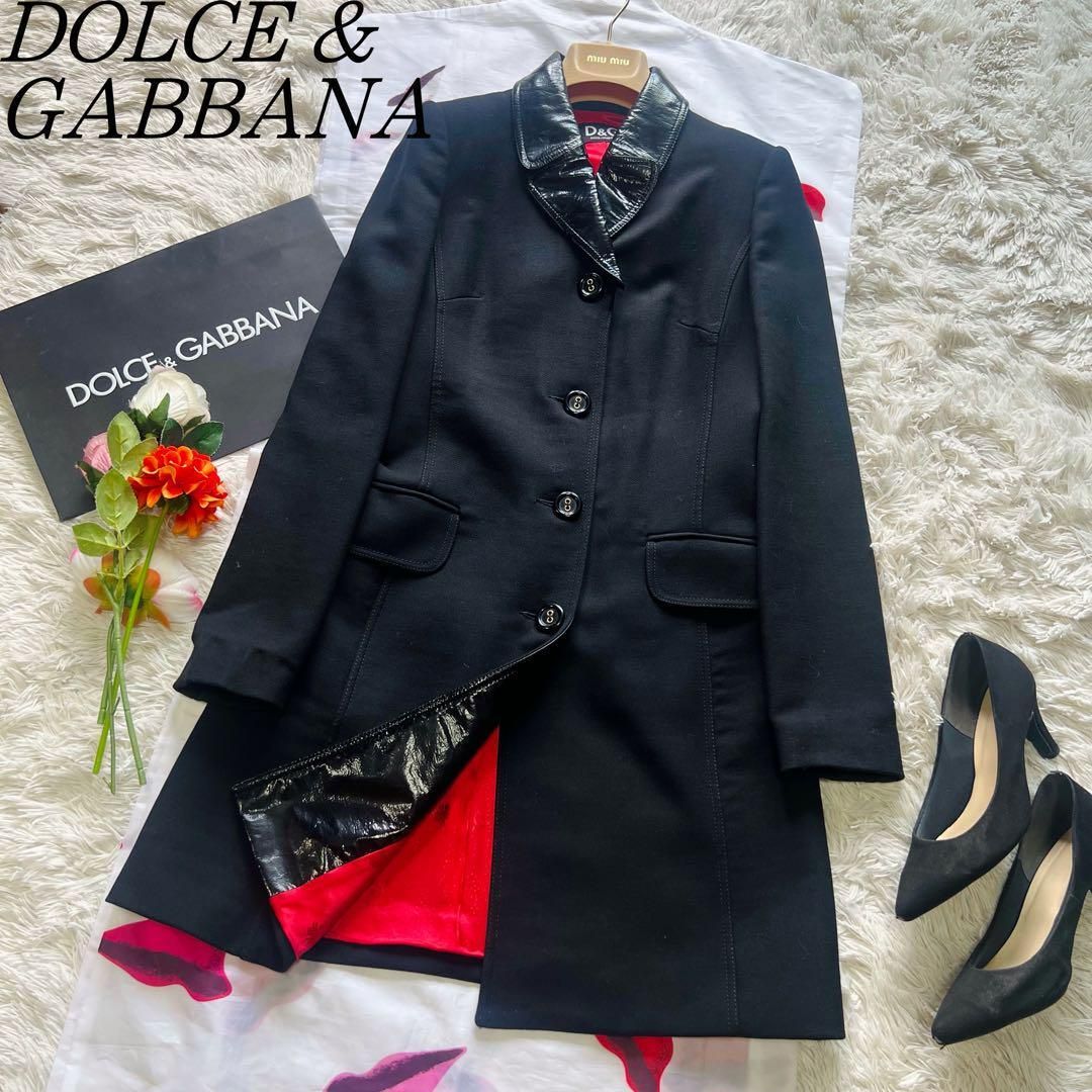 【美品】DOLCE&GABBANA レザー襟ロングコート ブラック 40　ドルチェアンドガッバーナ
