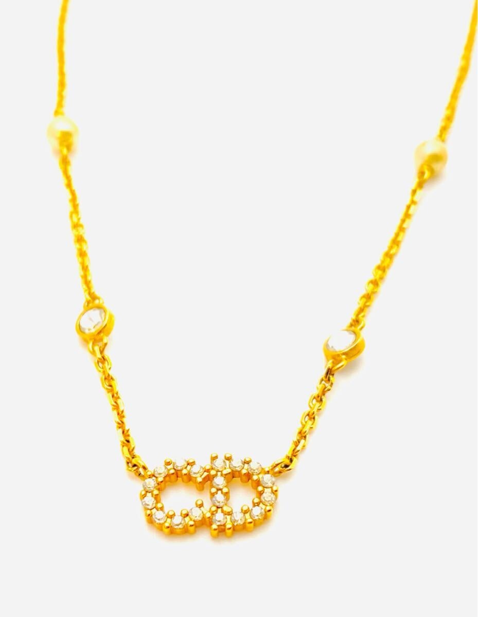 美品　DIOR クリスチャンディオール クレール ディー リュヌ ロゴ ネックレス ペンダント パール ラインストーン ゴールド 二段階調節