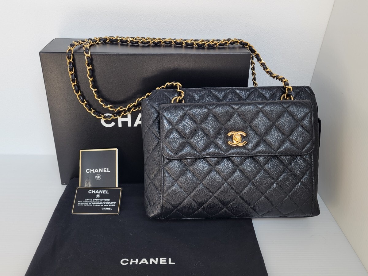  CHANEL マトラッセ チェーントートバッグ　 キャビアスキン　ダブルチェーン　ブラック　 ゴールド金具