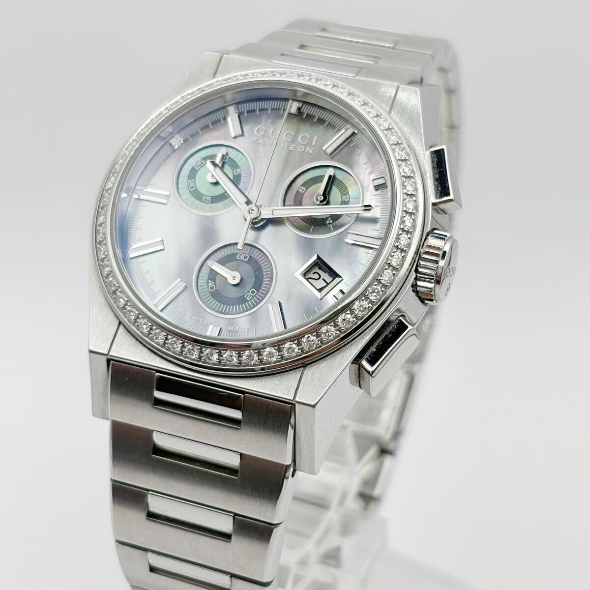 美品　グッチ　シェル文字盤　ダイヤベゼル　メンズ腕時計　パンテオン　クロノグラフ 目立った傷や汚れなし】美品 グッチ シェル文字盤 ダイヤベゼル メンズ