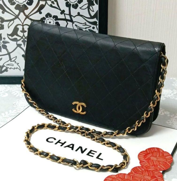 【良品】CHANEL　シャネル　マトラッセ　フルフラップ　シングルフラップ　プッシュロック　チェーンショルダー　ラムスキン　ブラック
