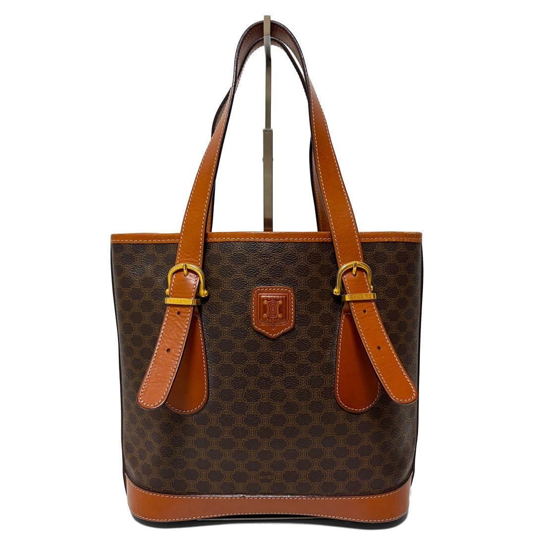 CELINE セリーヌ トートバッグ マカダム柄 M 16 1 イタリア製 ブラウン スナップボタン 収納袋付き レディース C (やや傷や汚れあり)】CELINE セリーヌ トートバッグ マカダム柄 M 16