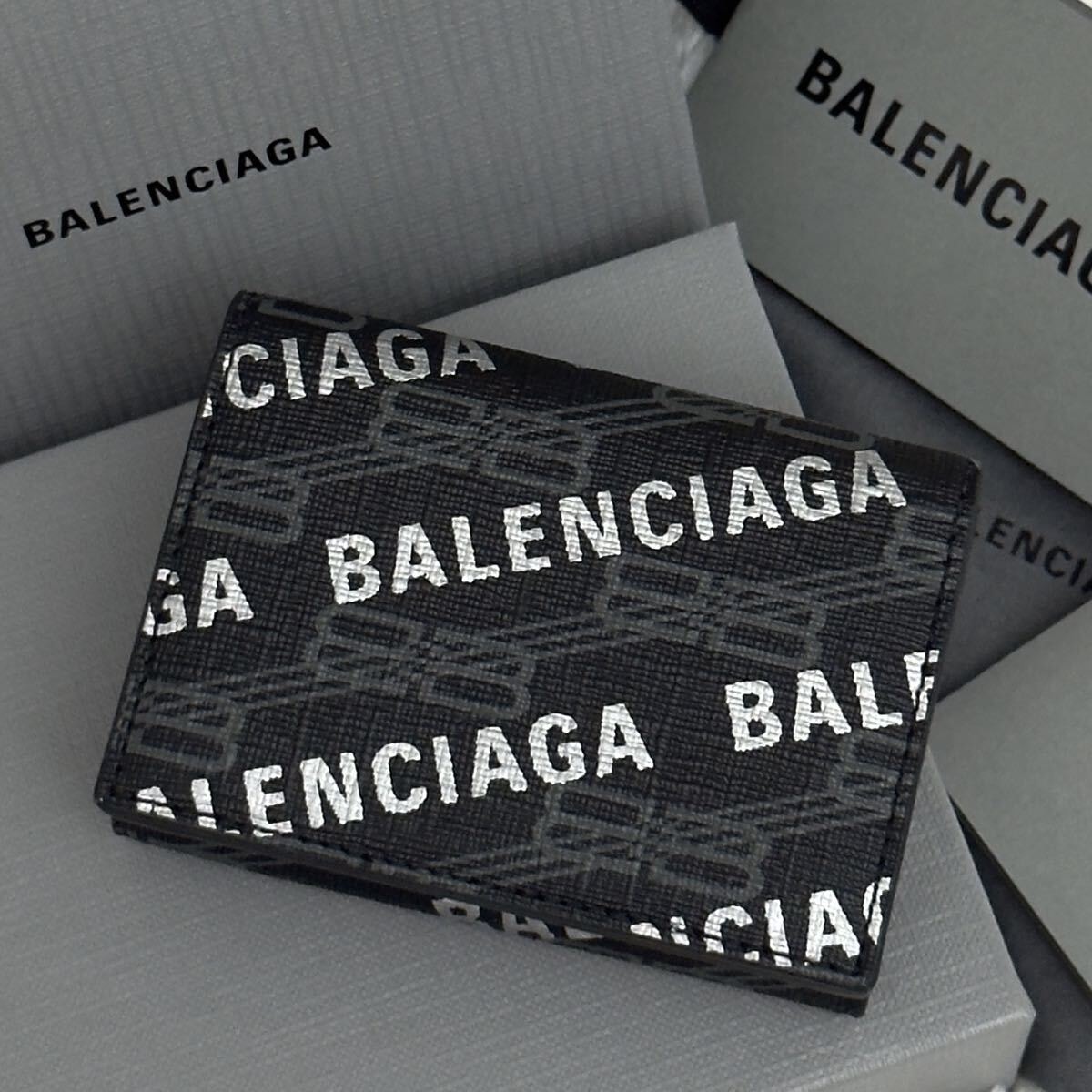 ☆極上美品☆BALENCIAGA バレンシアガ BBモノグラム 二つ折り 財布 ミニウォレット 黒 キャッシュ