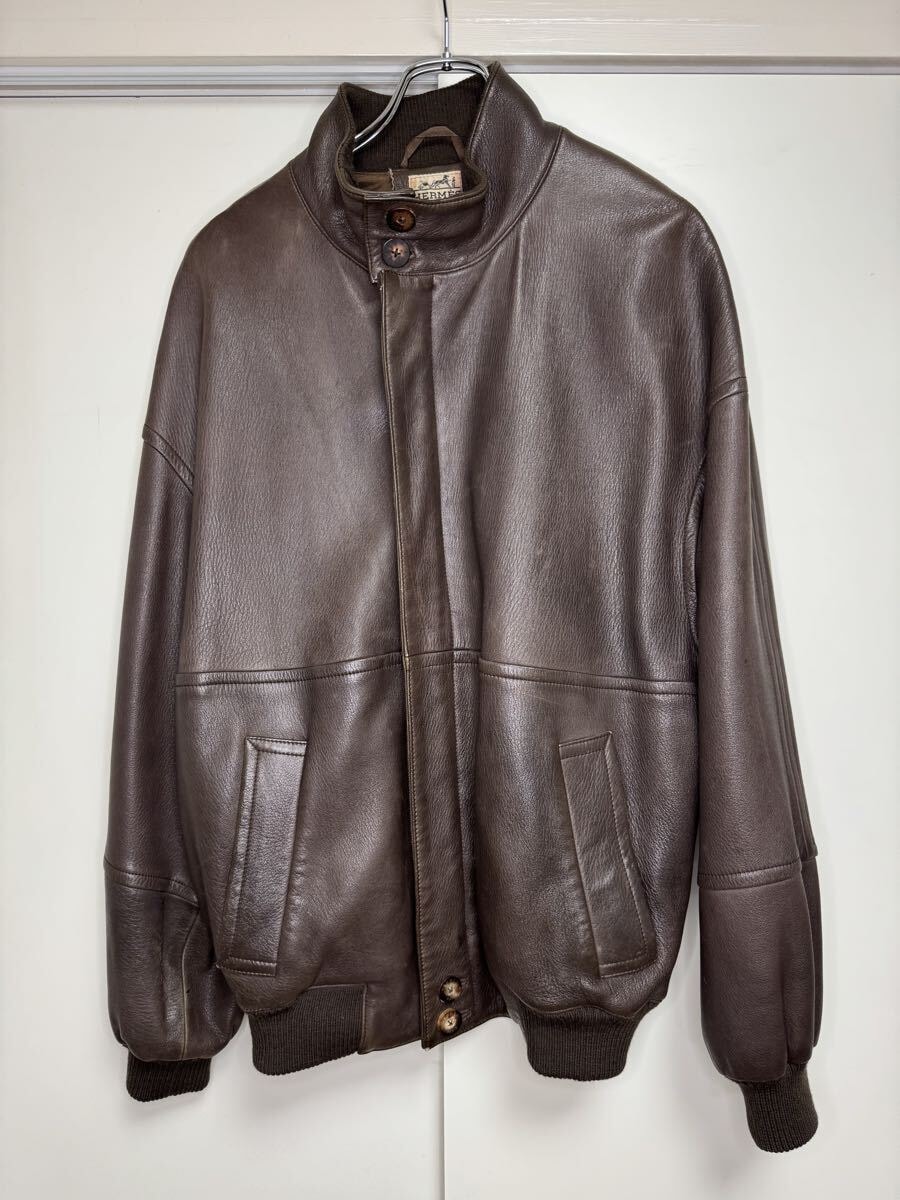 【希少 美品ヴィンテージ】HERMES レザージャケット/エルメス オーバーサイズ ブルゾン/ブラウン/ドロップショルダー/ビッグシルエット