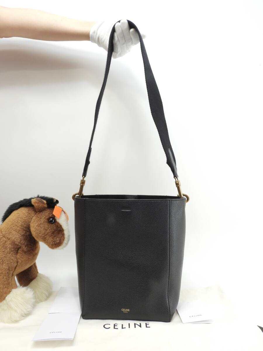 セリーヌ サングルバケット スモール レザー黒 セミショルダー ホーボーバッグ 美品@ 28
