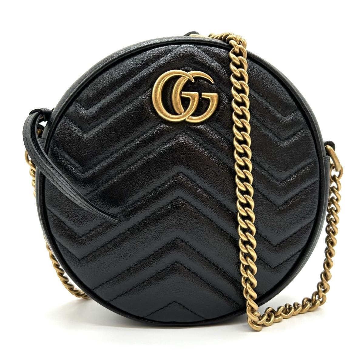 GUCCI グッチ　GGマーモント　チェーンショルダーバッグ　ブラック　レザー　550154　ハート　ラウンド　レディース
