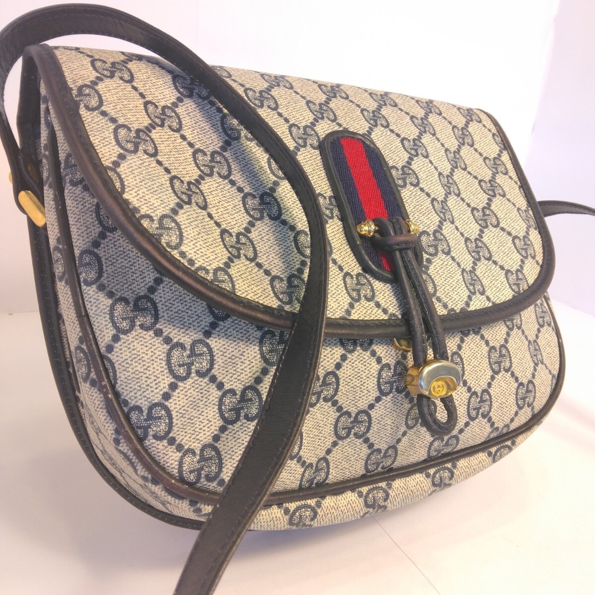 GUCCI グッチ オールドグッチ ヴィンテージ GG柄 シェリーライン GGスプリーム ネイビー レザー モノグラムパターン　ショルダーバッグ