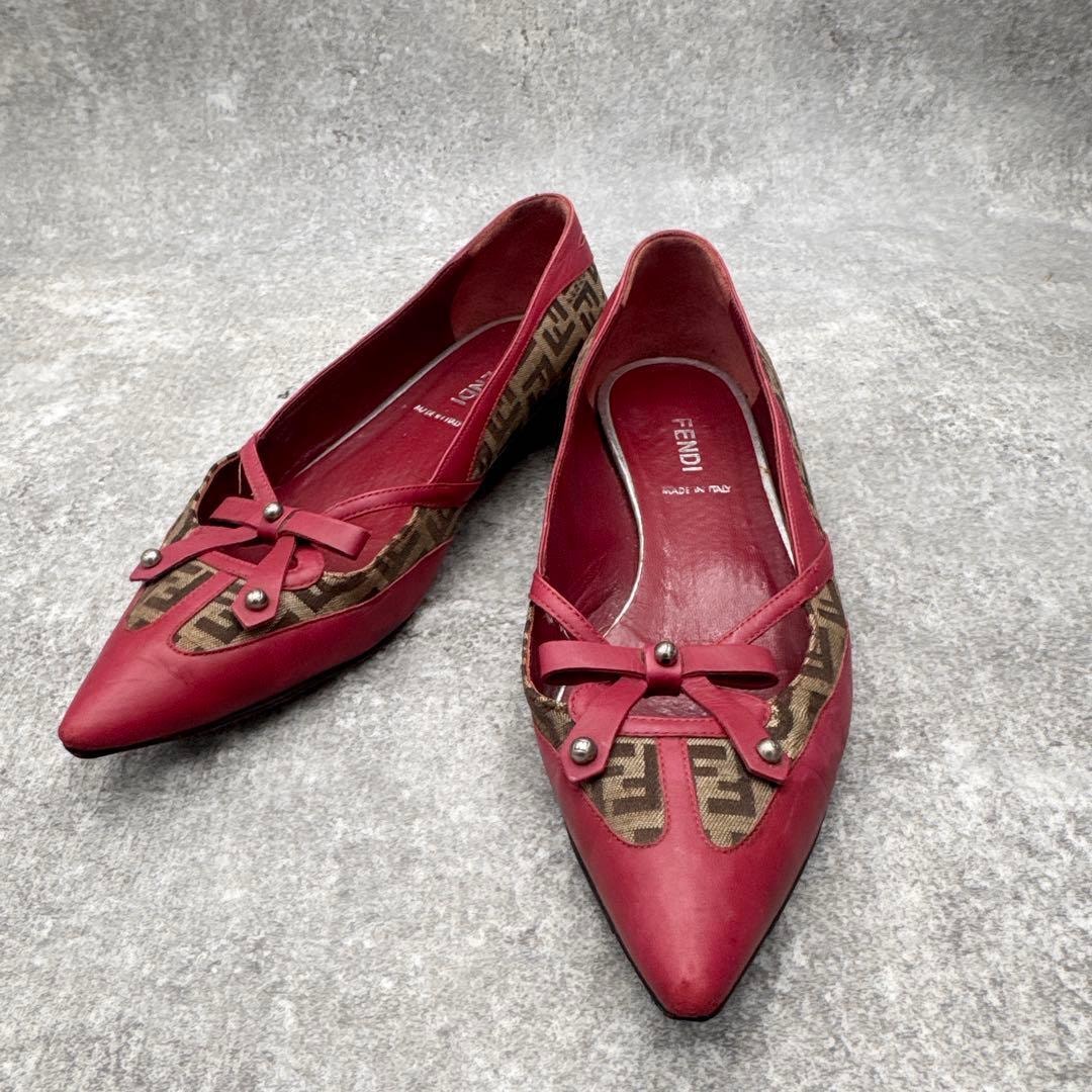 目立った傷や汚れなし】Fendi Zucca Red Leather Ribbon Flats 36