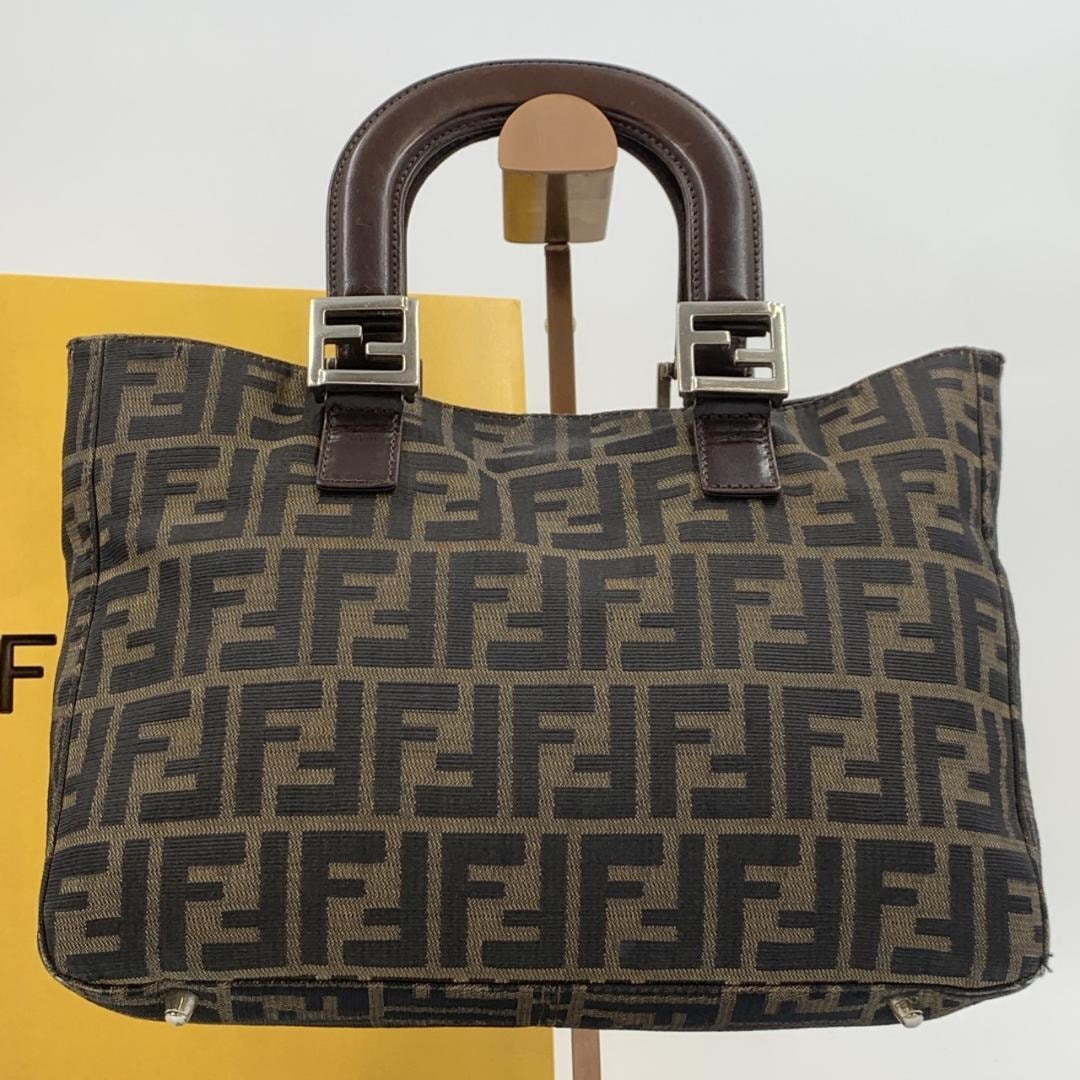 美品 FENDI フェンディ ハンド トートバッグ ズッカ FF金具 シルバー ナイロンキャンバス レザー 本革 茶 ブラウン カーキ ブラック 黒