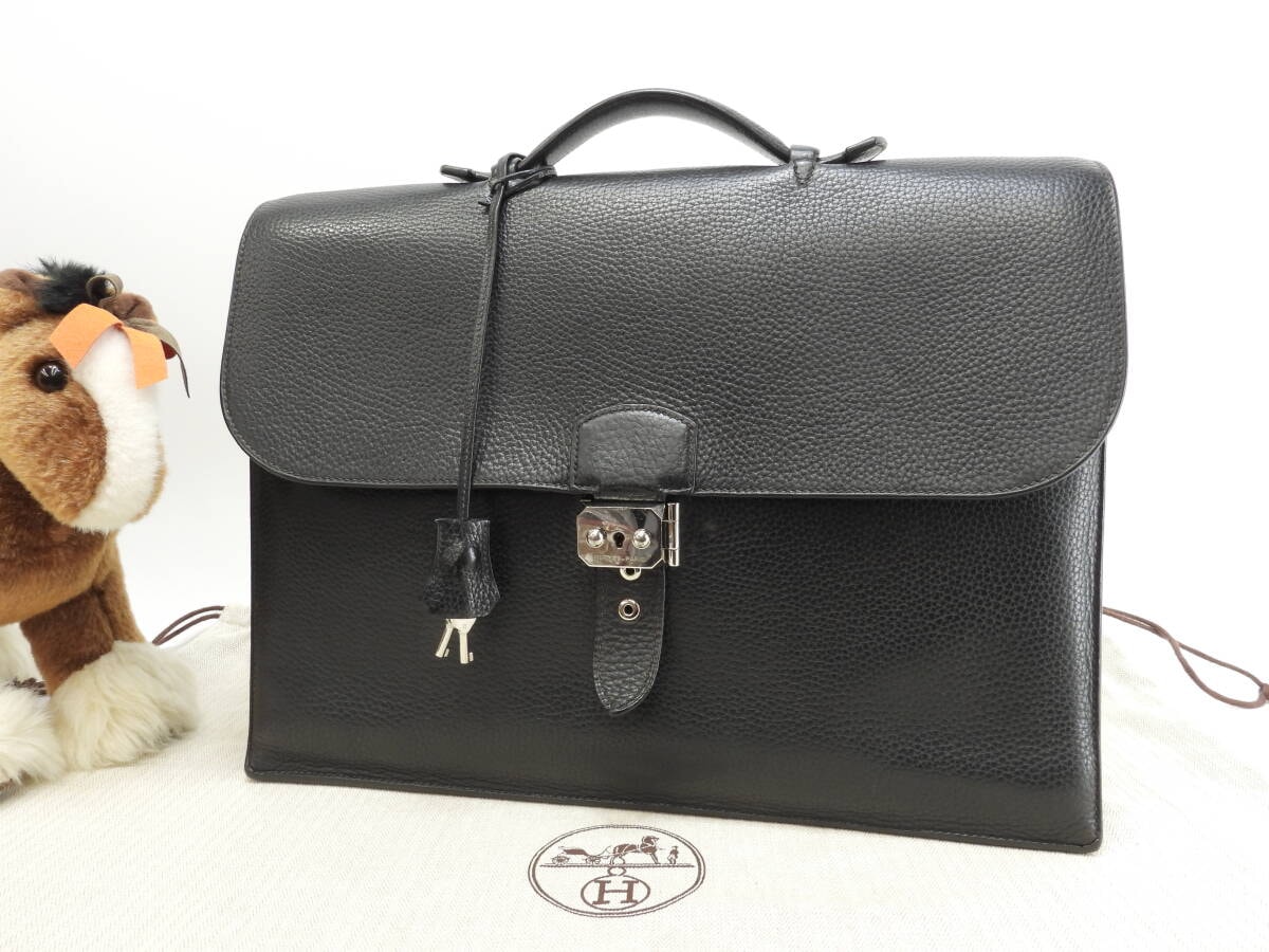エルメス サックアデペッシュ38 フィヨルドレザー黒 シルバー金具 ブリーフケース 書類かばん@□I