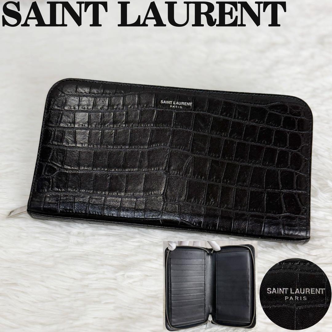 美品 Saint Laurent サンローラン クロコ型押し レザー ジップアラウンド トラベル オーガナイザーウォレット 長財布 ブラック メンズ