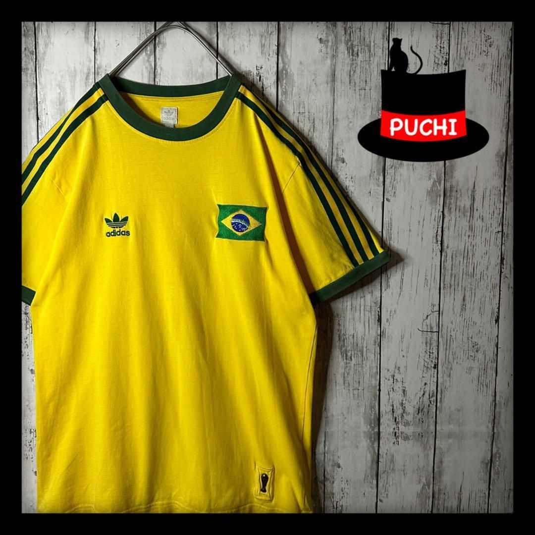 【adidas アディダス☆リンガーTシャツ】ブラジル☆FIFA1974☆M☆刺繍トレフォイル 黄色　緑　トロフィー