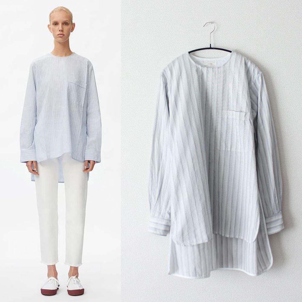 CELINE／セリーヌ／18SS／ピンストライプノーカラーブラウス／シャツ 目立った傷や汚れなし】CELINE／セリーヌ／18SS／ピンストライプ