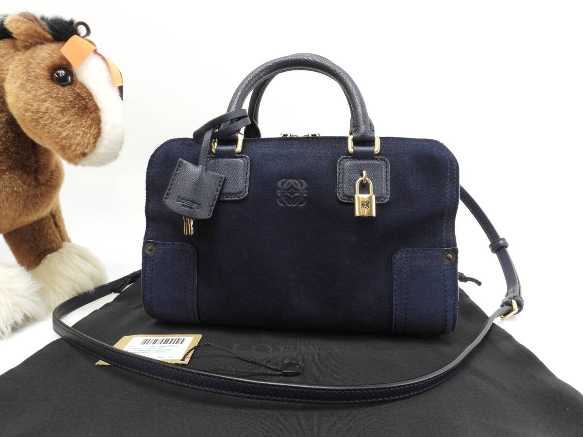 ロエベ アマソナ23 スウェードレザー デニム風青 ポシェット s付ミニハンドバッグ 極美品@061403