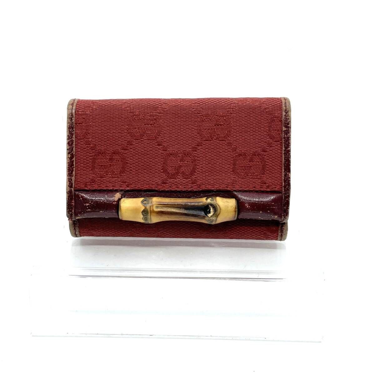 【キーフック欠損×1】GUCCI グッチ 三つ折り 6連 キーケース レッド系 GGキャンバス バンブー 112552 2149