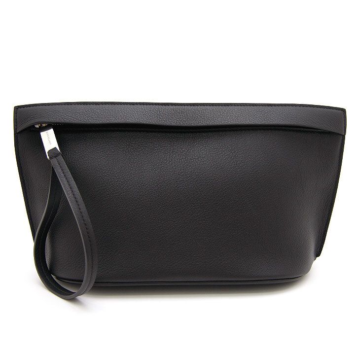 中古美品 フェラガモ FERRAGAMO マキシロゴ グレインレザーポーチ AU-24 1317 ブラック イタリア製 Salvatore Ferragamo 黒 クラッチバッグ