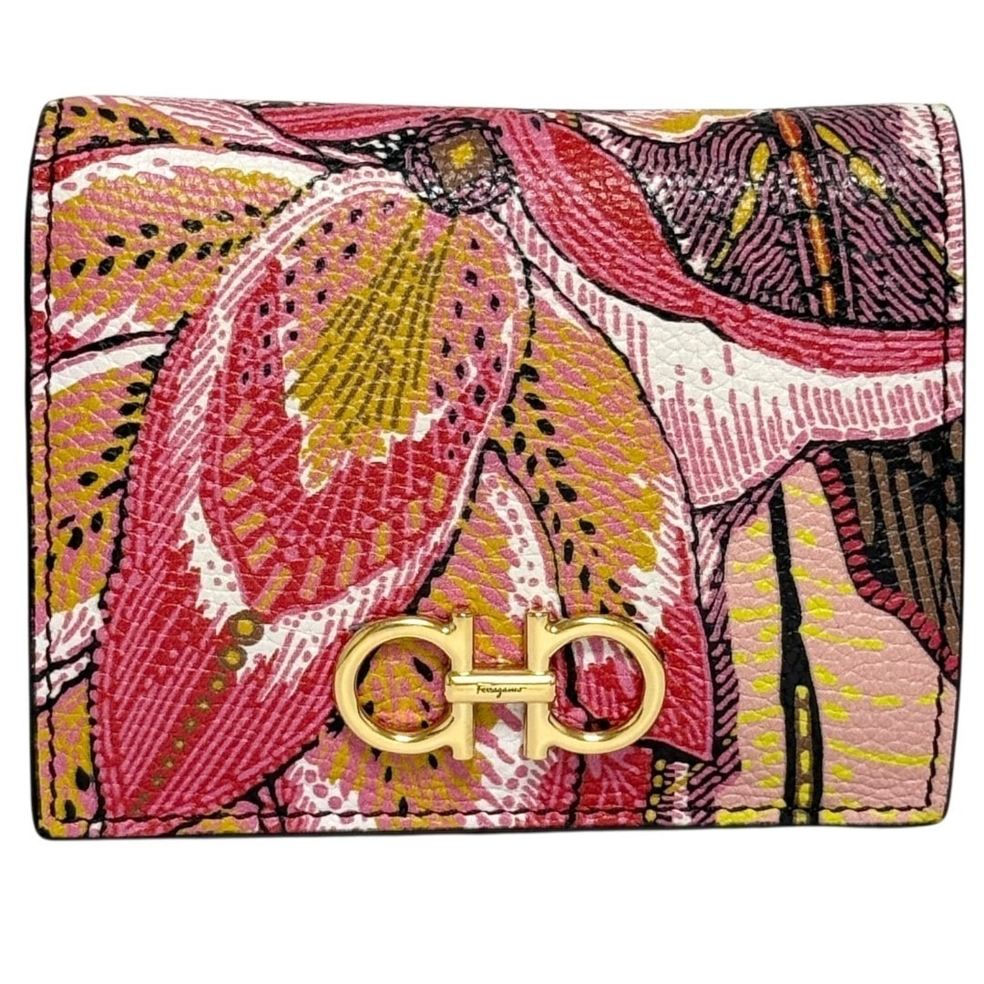 フェラガモ　レディース　2つ折り　財布　ダブル　ガンチーニ　レザー　マルチカラー
