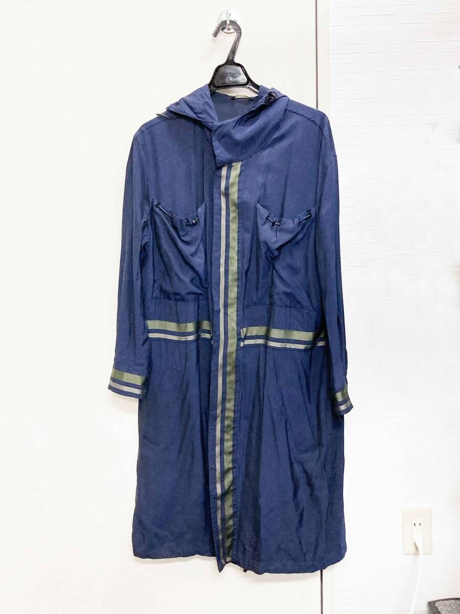 美品 フェンディ FENDI コート フード付き ロングコート ストライプ レーヨン アウター メンズ イタリア製 48(M相当) ネイビー