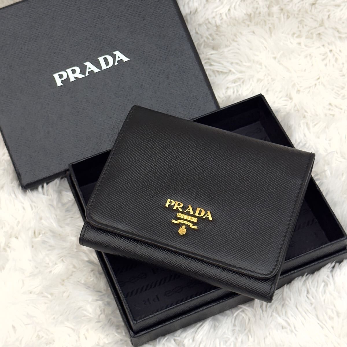 ☆極上美品☆PRADA プラダ サフィアーノ 財布 三つ折り レザー ブラック ゴールド金具 黒