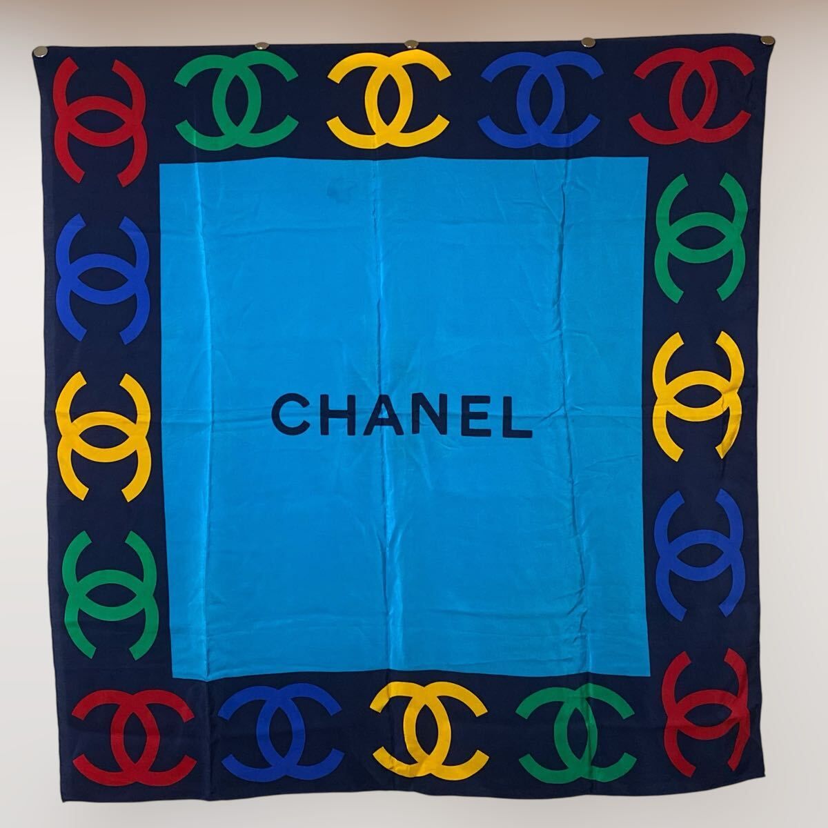 VINTAGE CHANEL 大判シルクスカーフ ココマーク マルチカラー ロゴ ヴィンテージシャネル
