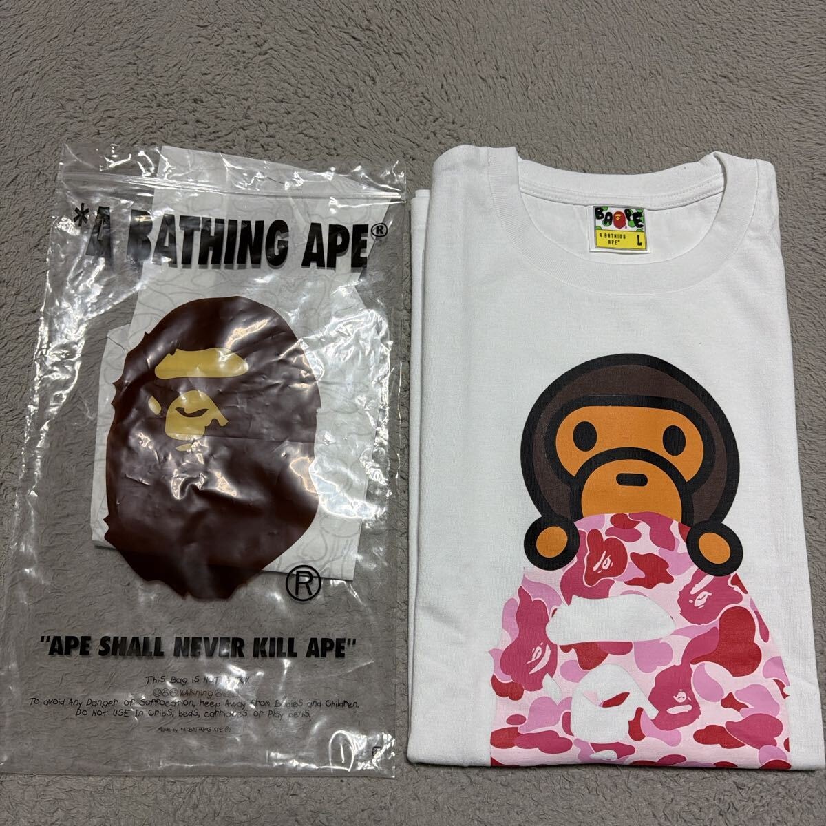 A BATHING APE BAPE PINK CAMO HEAD BABY MILO tシャツ L ベビーマイロ　白　ホワイト