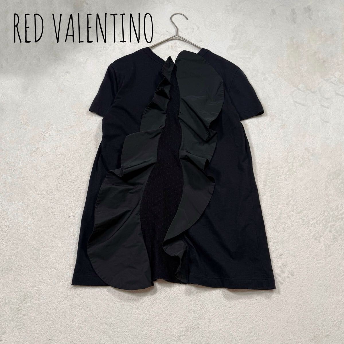 RED VALENTINO フリル レース カットソー チュール 黒 レッド ヴァレンティノ Tシャツ ブラック 希少可愛い アシメ アシンメトリー 異素材 