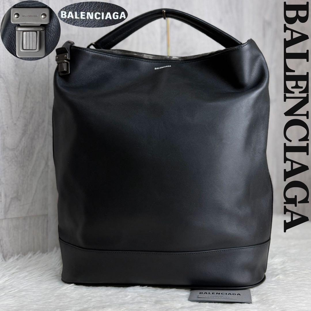 美品 A4可 BALENCIAGA バレンシアガ ロゴ レザー ホーボー ショルダーバッグ ブラック 説明書付