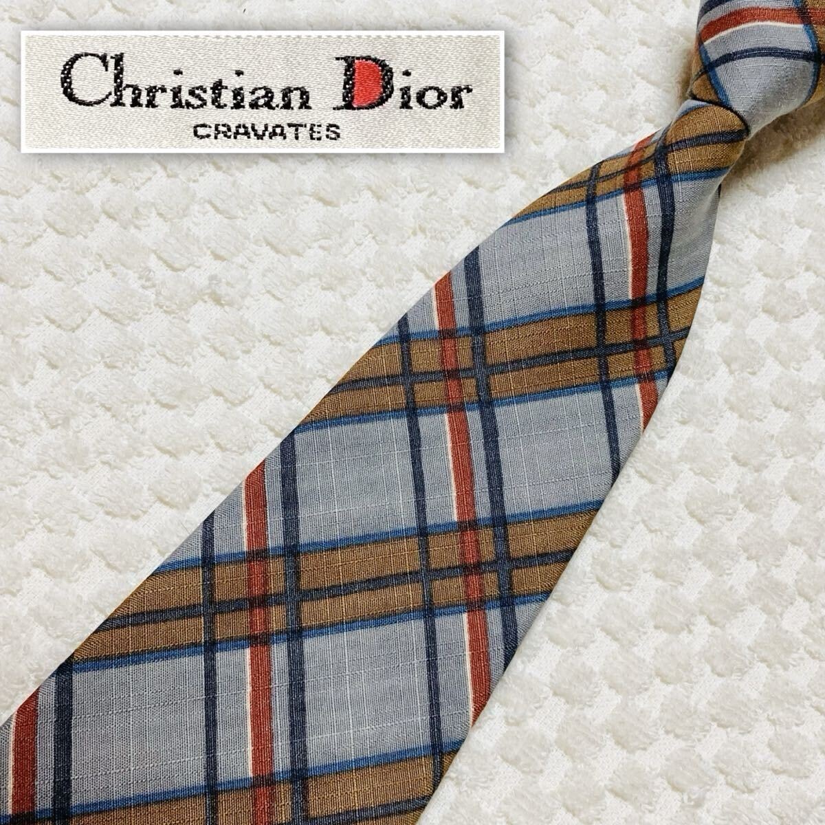 ■美品■Christian Dior クリスチャンディオール ネクタイ　チェック　グレー×ブラウン×エンジ　ビジネス　幅広