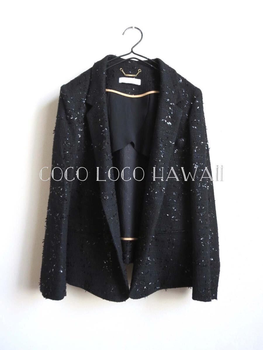 【美品】Chloe12万★ グロッシーマテリアルボンディング ツイードファブリック 美シルエット テーラードジャケット ブラック ★34サイズ
