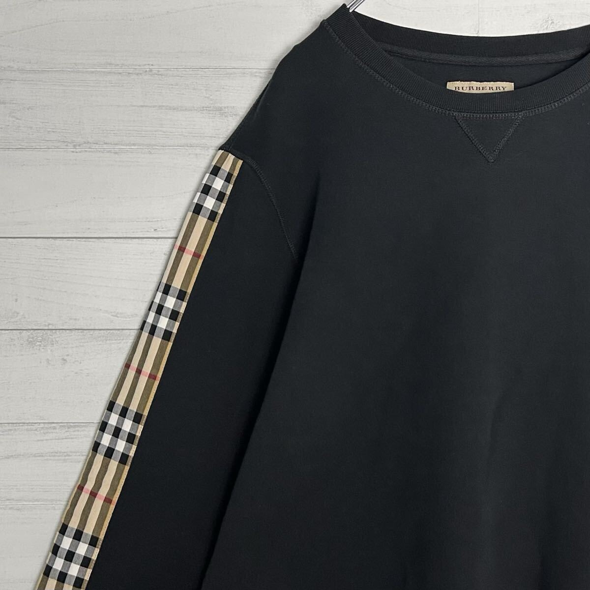 極美品 希少 BURBERRY バーバリー ノバチェック袖 スウェット トレーナー クルーネック M相当 ブラック 黒 トップス メンズ カジュアル