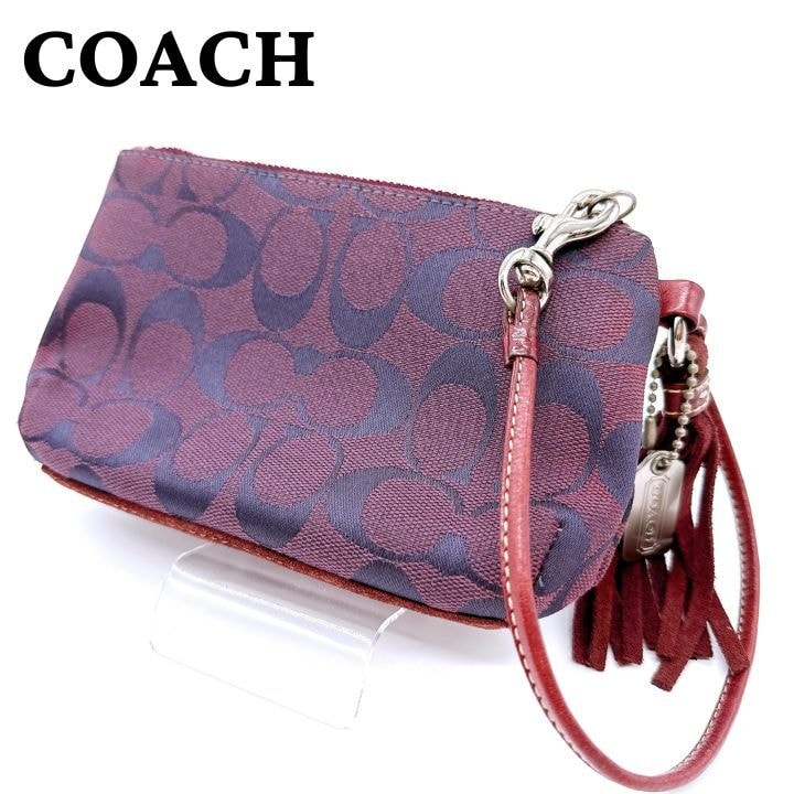 COACH コーチ ポーチ シグネチャー キャンバス×スエード タッセル リストレット