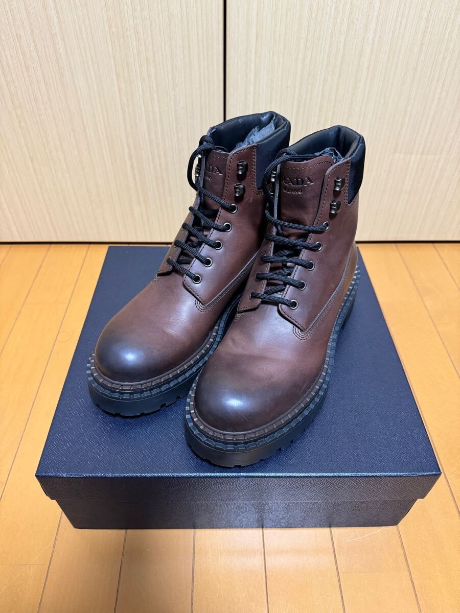 新品未使用 PRADA レザー×Re-nylon ワークブーツ ブラウン 9 28cm プラダ リナイロン 国内正規品 革靴