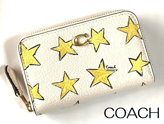 特価！ とっても可愛い COACH コーチ スター プリント レザー ジップ カードケース コインケース ミニ財布 チョークマルチ CAN63 新品本物