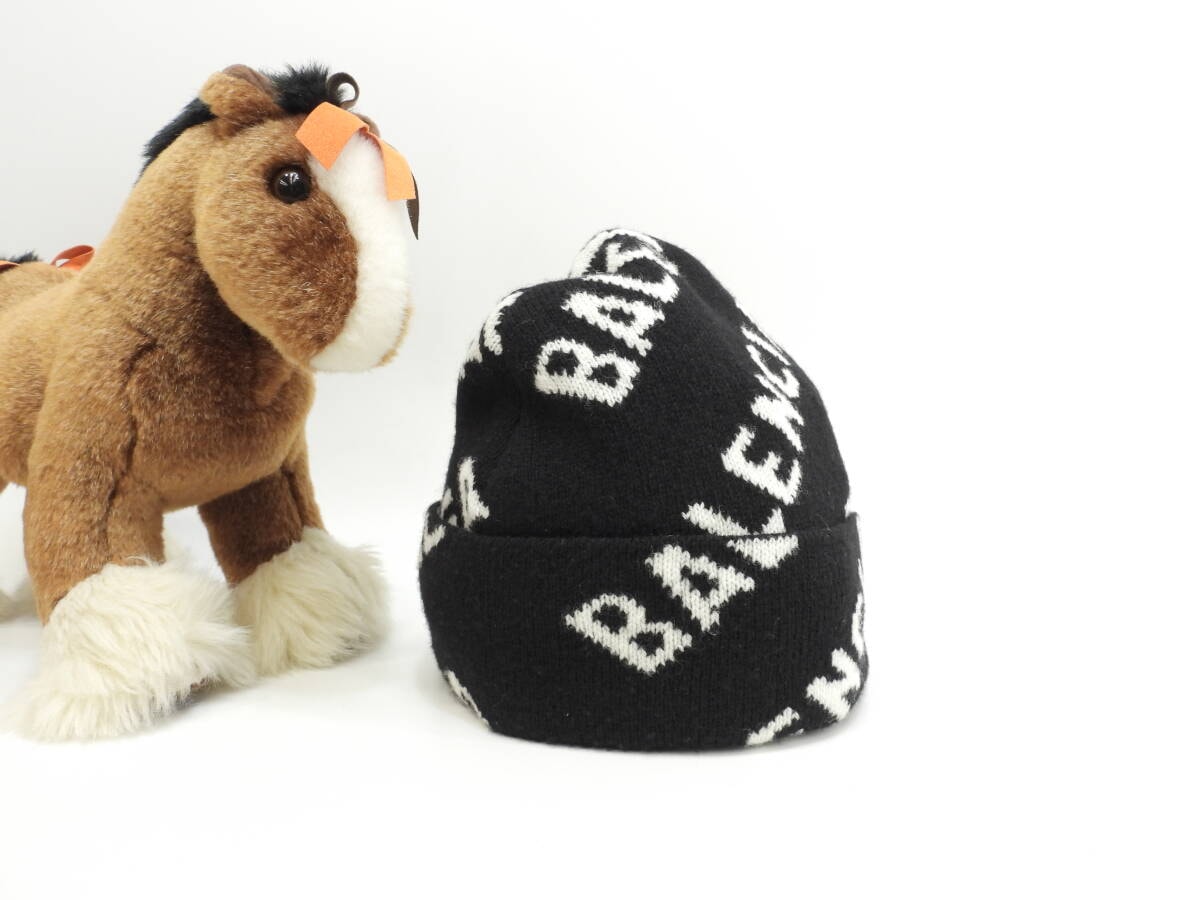 バレンシアガ ニットキャップ 白ロゴ ウール98%黒 ヘッドウォーマー ニット帽 未使用@ 1