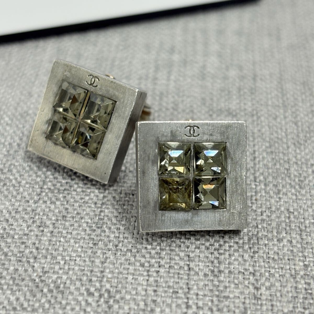 CHANEL シャネル スクエア ココマーク ラインストーン イヤリング シルバー メタル 