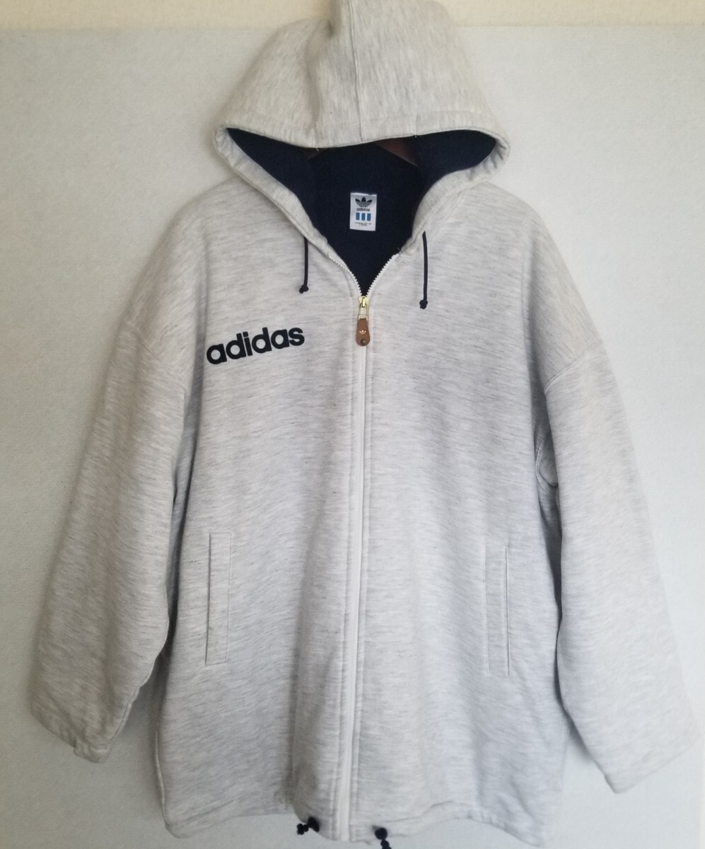 90sオールドアディダス　ジップアップパーカーアウター　オーバーサイズ　トルフォイルロゴ90年代　old adidas グレー