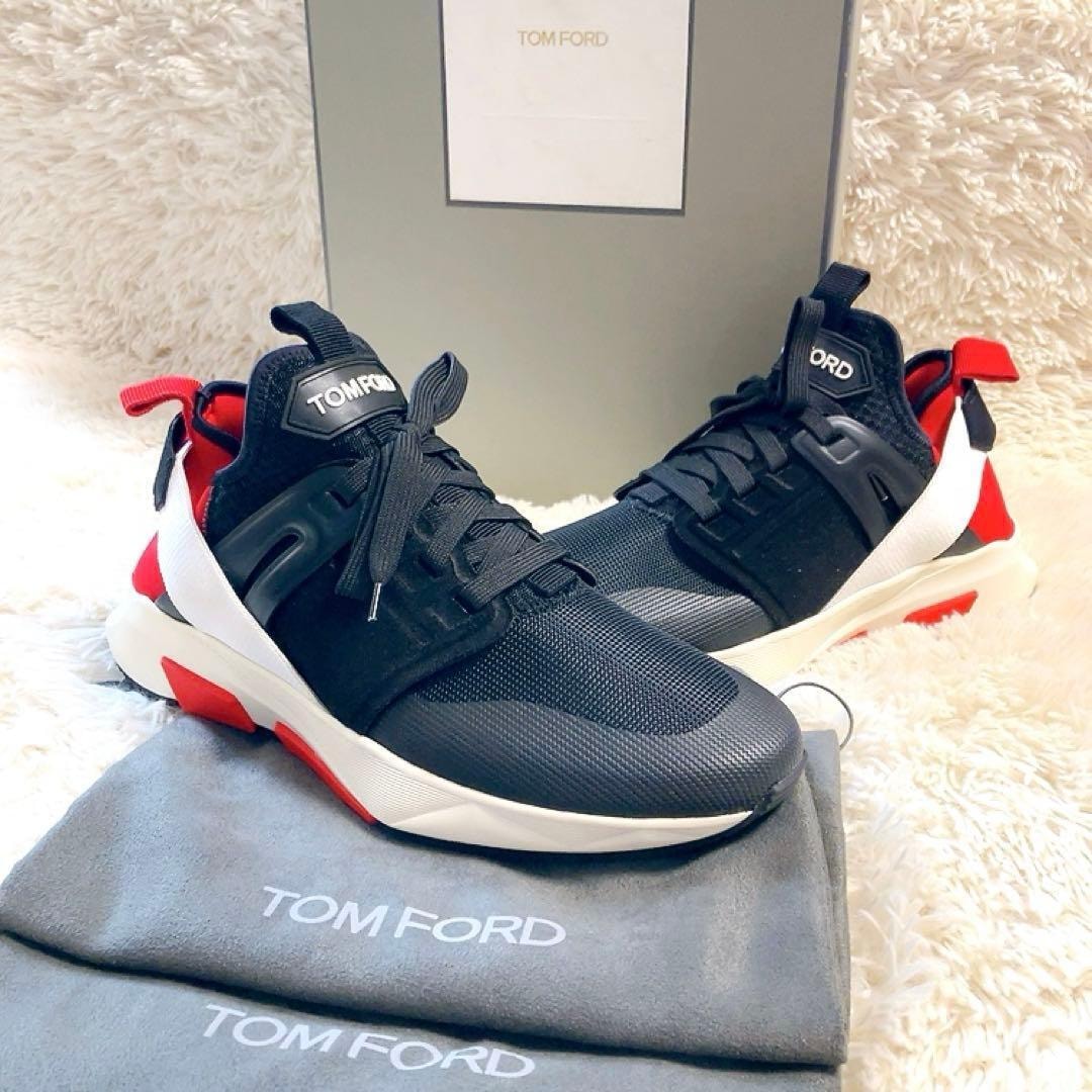 【未使用級】TOM FORD トムフォード JAGO スニーカー 大きいサイズ10/28.5㎝ ブラック レッド 保存袋 ボックス付き メンズ 超美品 ロゴ