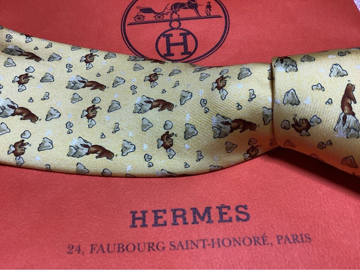 エルメス ネクタイ シルク100 フランス製 イエロー系