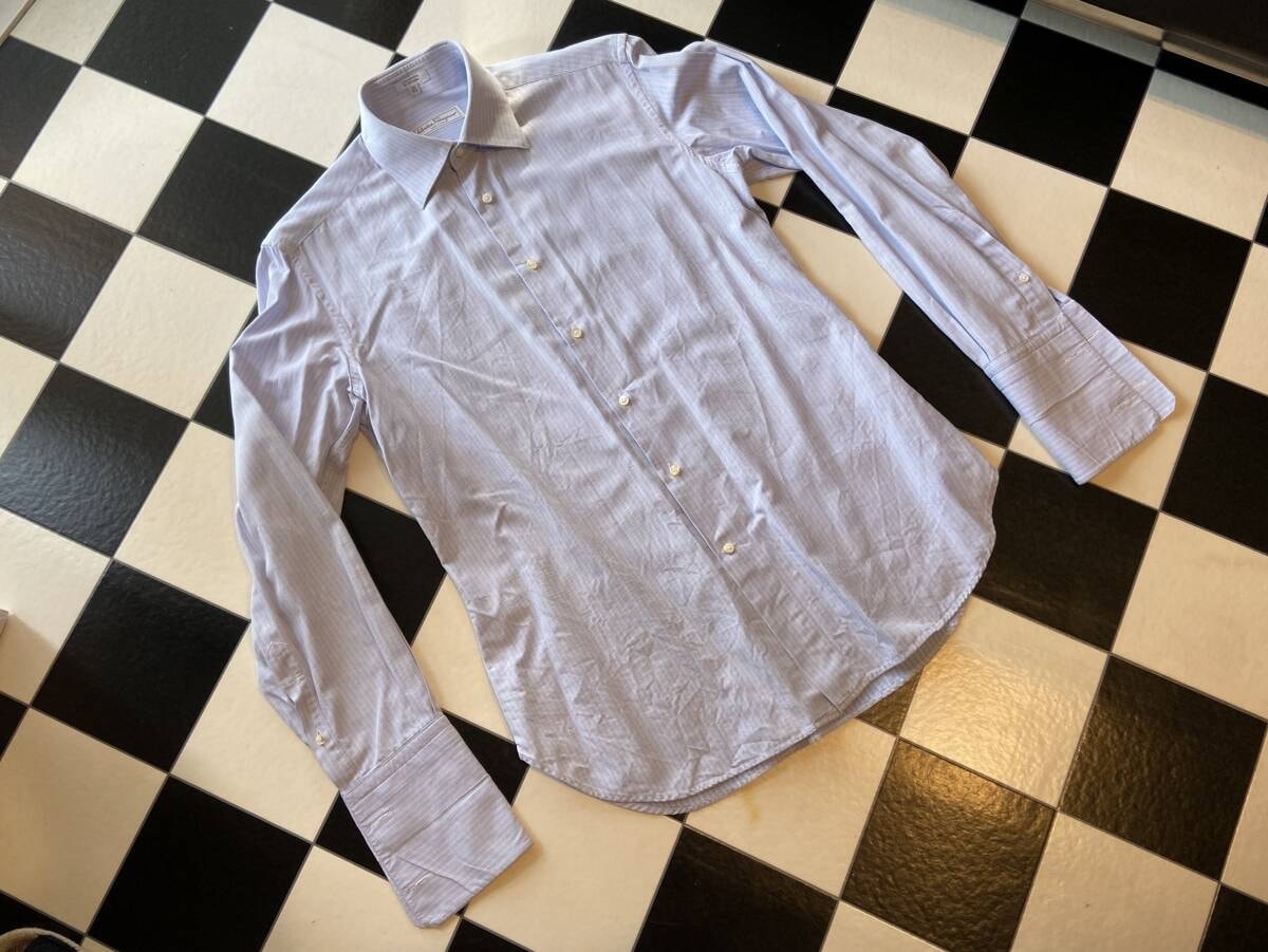 ◇Salvatore Ferragamo フェラガモ ダブルカフスシャツ ブルー系 ワイドカラー◇