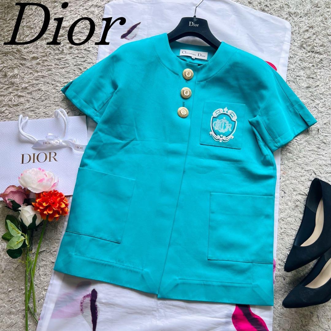 【良品】Christian Dior ハーフスリーブジャケット ライトブルー 9 クリスチャンディオール M エメラルドグリーン