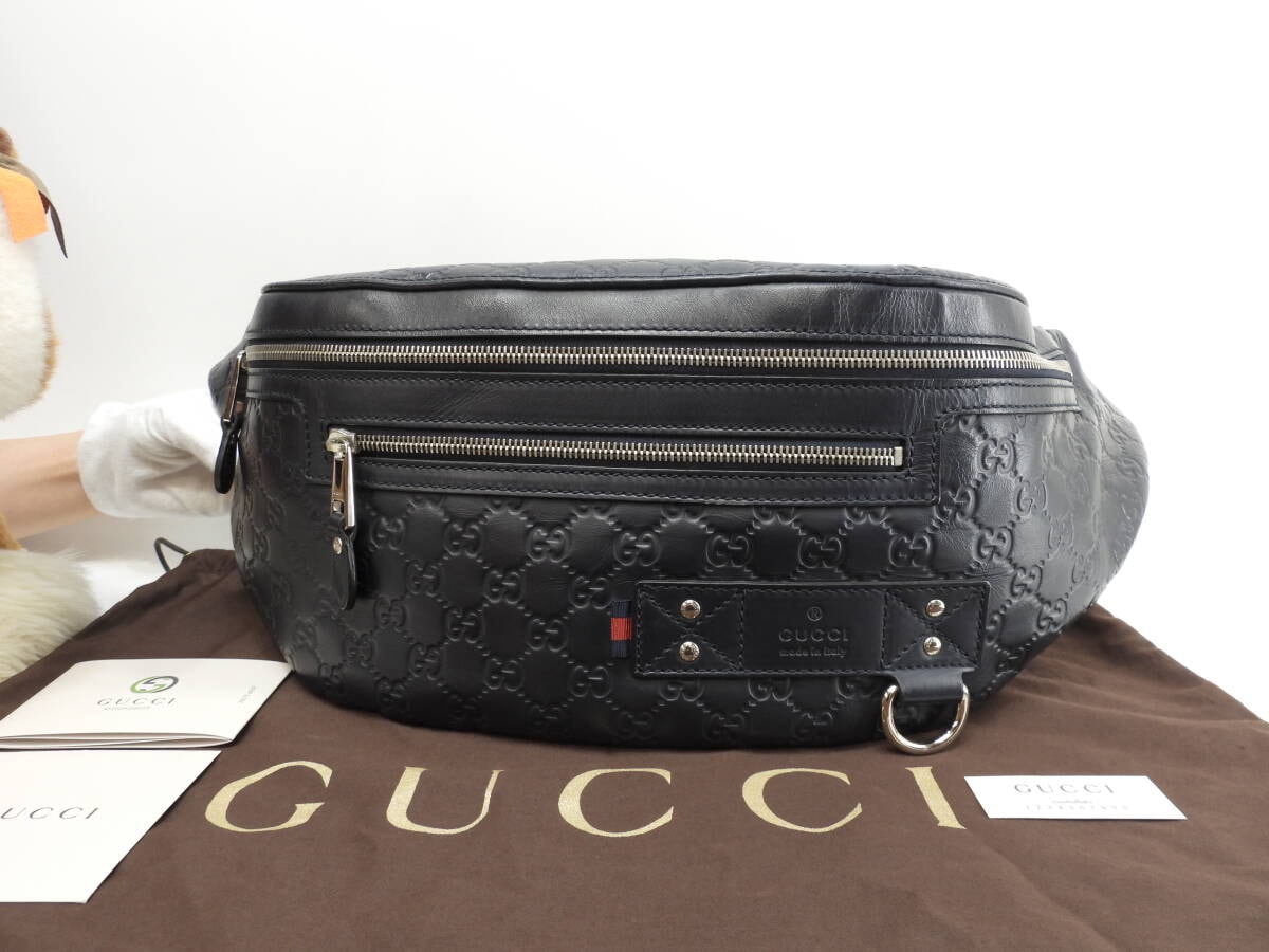 グッチ ボディバッグ大 GG レザー紺 斜掛ショルダーバッグ バムバッグ 美品@ 27