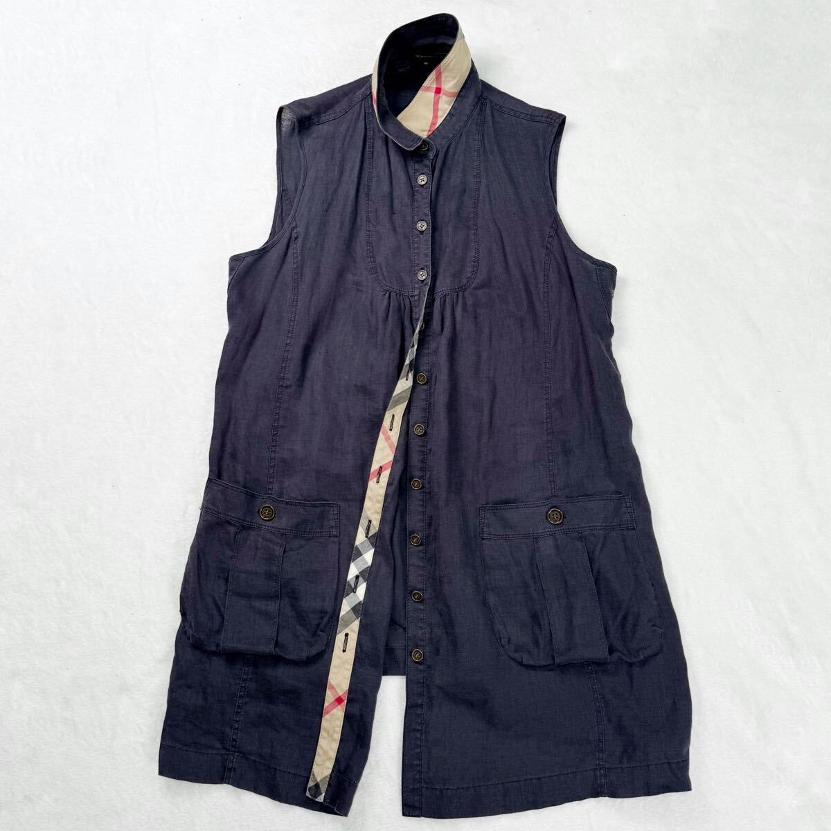 【希少3XL】BURBERRY LONDON バーバリーロンドン シャツワンピース ノバチェック リネン 麻100% 黒 大きいサイズ Aライン ノースリーブ